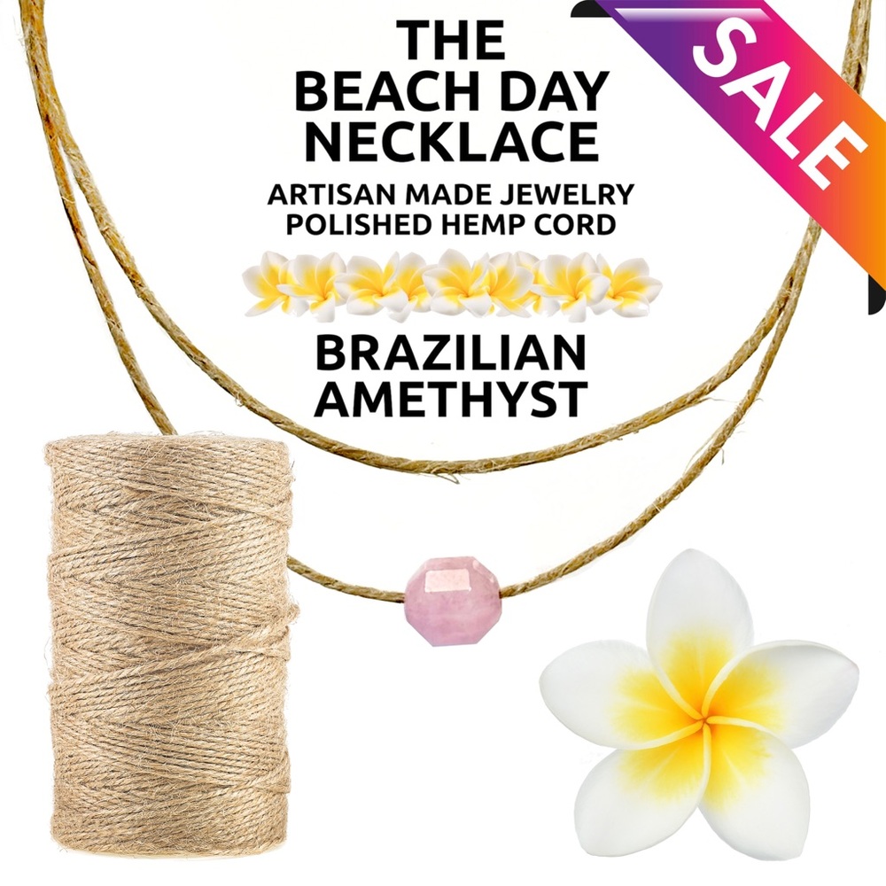 Island Sunset Artisan Beach Day Hemp Necklace Brazilian Amethyst Lavender Slider